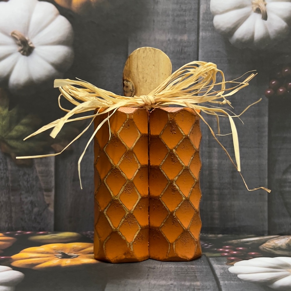 Orange Wood Carved Pumpkin Decor with Raffia Bow